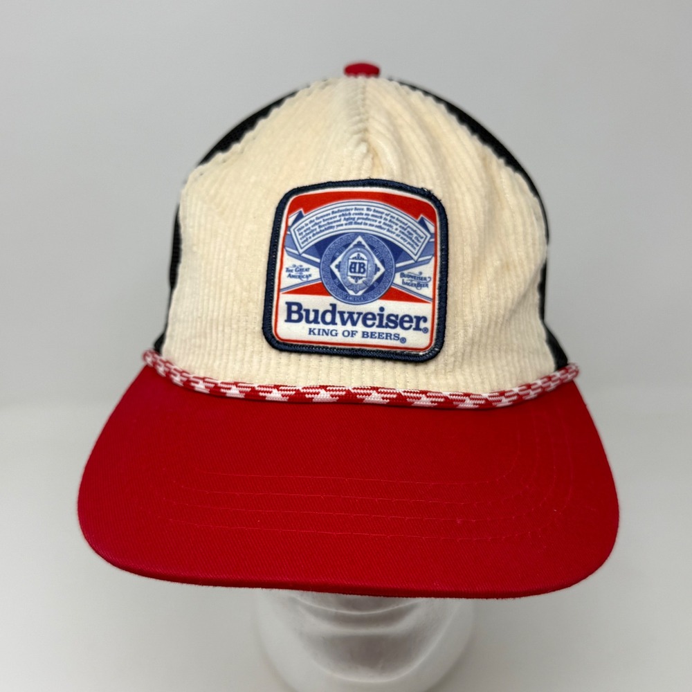 Budweiser King of Beers Trucker Hat Navy Red Cream Corduroy Mesh Snapback H3
